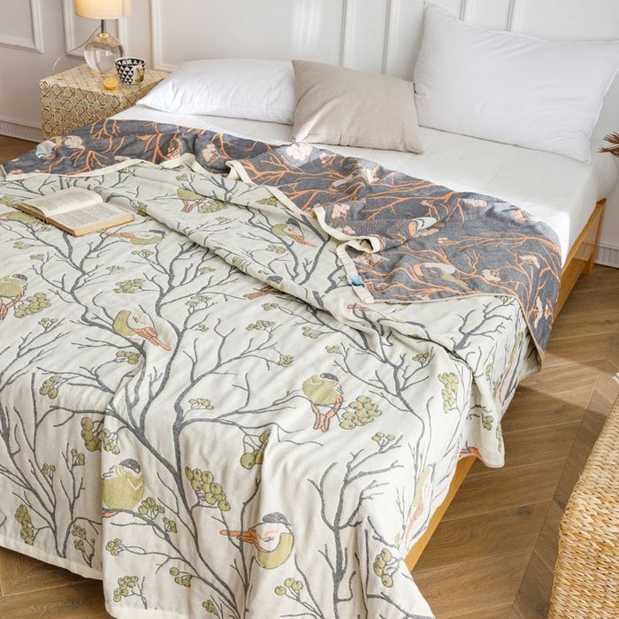 91家纺网 家纺一手货源 找家纺 朴尔家纺-毛巾被 2026春夏新款水洗全棉纯棉四层细纱系列毛巾被下班夏凉被空调被 喜登高枝-绿毛巾被