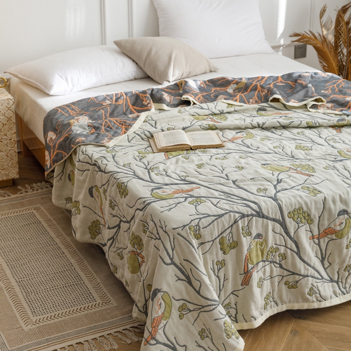 91家纺网 家纺一手货源 找家纺 朴尔家纺-毛巾被 2026春夏新款水洗全棉纯棉四层细纱系列毛巾被下班夏凉被空调被 喜登高枝-绿毛巾被