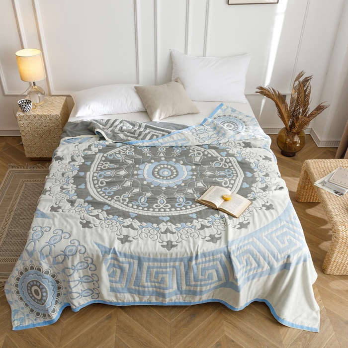 91家纺网 家纺一手货源 找家纺 朴尔家纺-毛巾被 2026春夏新款水洗全棉纯棉四层细纱系列毛巾被下班夏凉被空调被 铃兰香-蓝毛巾被