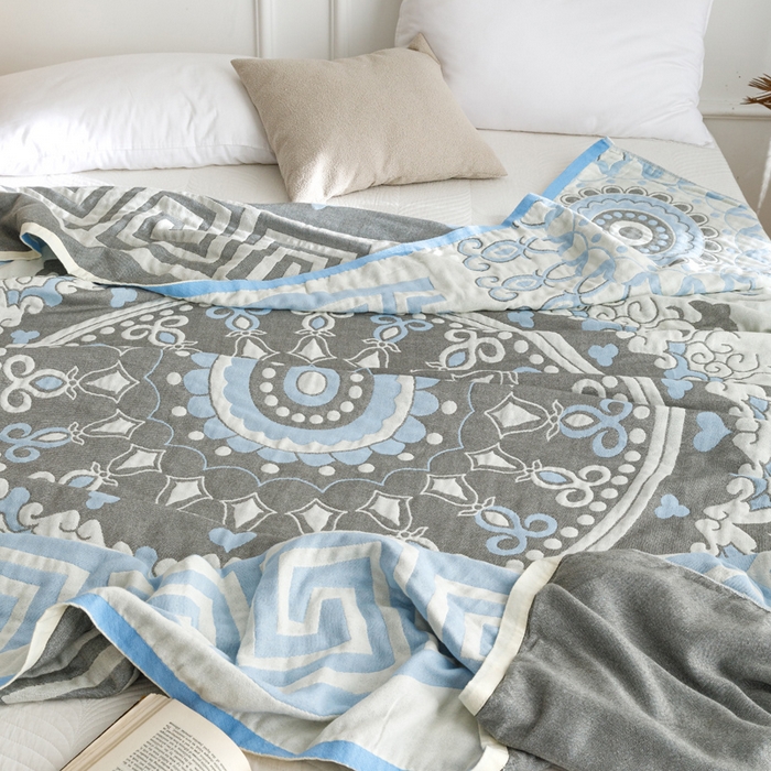 91家纺网 家纺一手货源 找家纺 朴尔家纺-毛巾被 2026春夏新款水洗全棉纯棉四层细纱系列毛巾被下班夏凉被空调被 铃兰香-蓝毛巾被