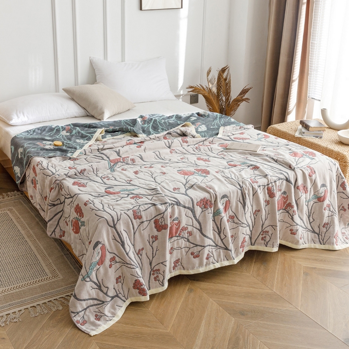 91家纺网 家纺一手货源 找家纺 朴尔家纺-毛巾被 2026春夏新款水洗全棉纯棉四层细纱系列毛巾被下班夏凉被空调被 喜登高枝-红毛巾被