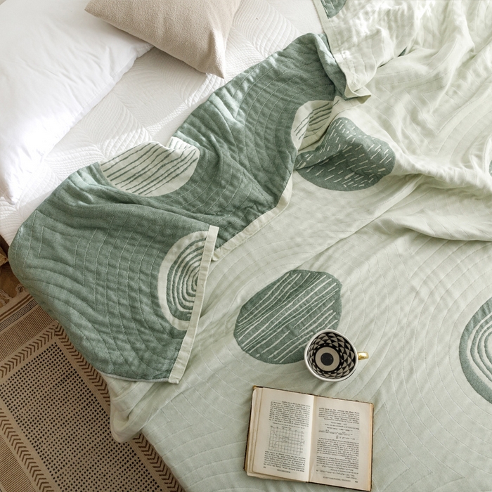 91家纺网 家纺一手货源 找家纺 朴尔家纺-毛巾被 2026春夏新款水洗全棉纯棉四层细纱系列毛巾被下班夏凉被空调被 年轮-绿毛巾被