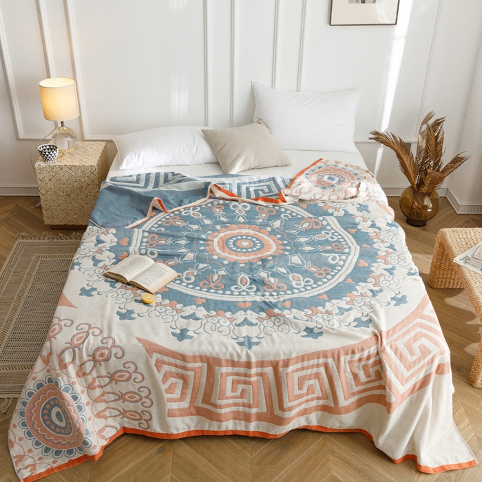 91家纺网 家纺一手货源 找家纺 朴尔家纺-毛巾被 2026春夏新款水洗全棉纯棉四层细纱系列毛巾被下班夏凉被空调被 铃兰香-橘毛巾被