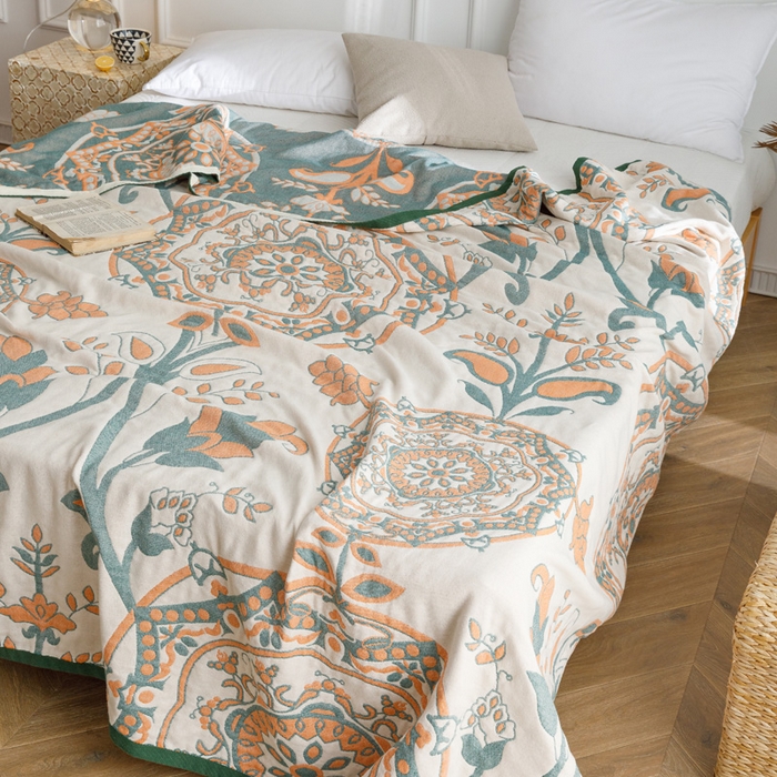 91家纺网 家纺一手货源 找家纺 朴尔家纺-毛巾被 2026春夏新款水洗全棉纯棉四层细纱系列毛巾被下班夏凉被空调被 恋恋花枝-绿毛巾被