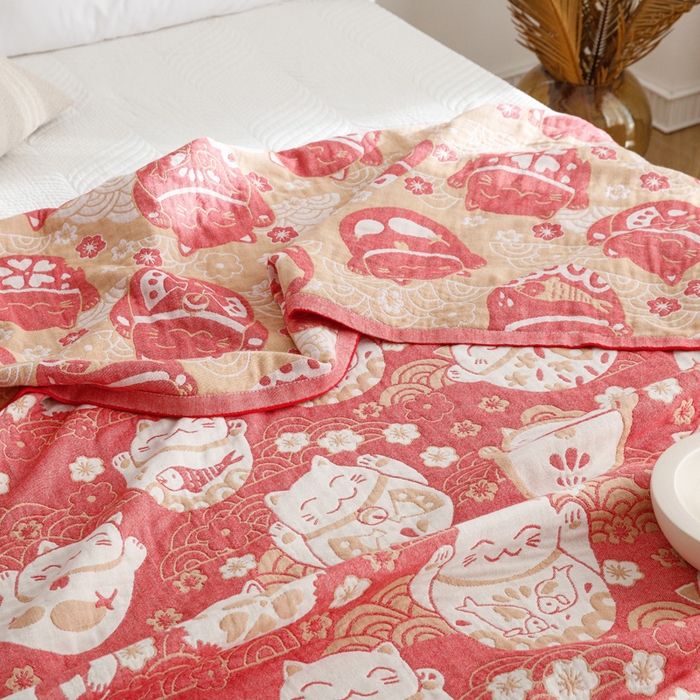 91家纺网 家纺一手货源 找家纺 朴尔家纺-毛巾被 2026春夏新款水洗全棉纯棉四层细纱系列毛巾被下班夏凉被空调被 招福瞄-红毛巾被