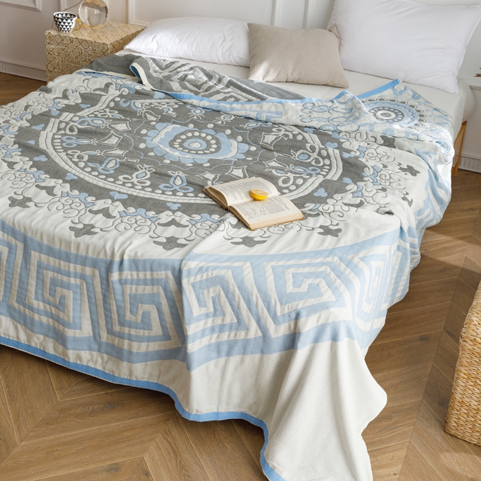 91家纺网 家纺一手货源 找家纺 朴尔家纺-毛巾被 2026春夏新款水洗全棉纯棉四层细纱系列毛巾被下班夏凉被空调被 铃兰香-蓝毛巾被