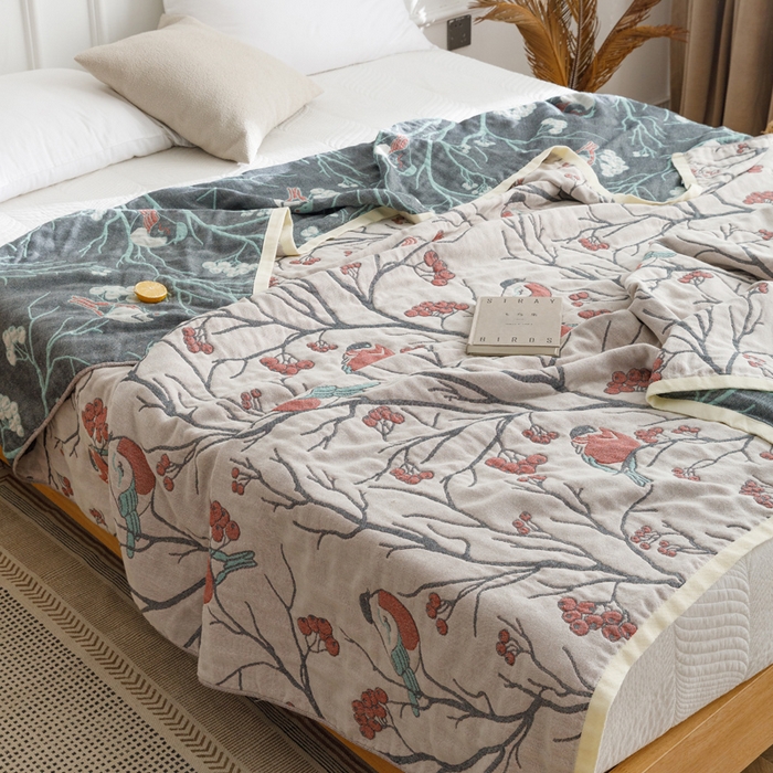 91家纺网 家纺一手货源 找家纺 朴尔家纺-毛巾被 2026春夏新款水洗全棉纯棉四层细纱系列毛巾被下班夏凉被空调被 喜登高枝-红毛巾被