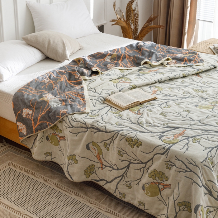 91家纺网 家纺一手货源 找家纺 朴尔家纺-毛巾被 2026春夏新款水洗全棉纯棉四层细纱系列毛巾被下班夏凉被空调被 喜登高枝-绿毛巾被