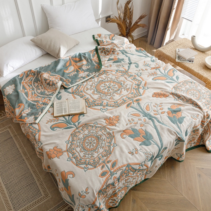 91家纺网 家纺一手货源 找家纺 朴尔家纺-毛巾被 2026春夏新款水洗全棉纯棉四层细纱系列毛巾被下班夏凉被空调被 恋恋花枝-绿毛巾被