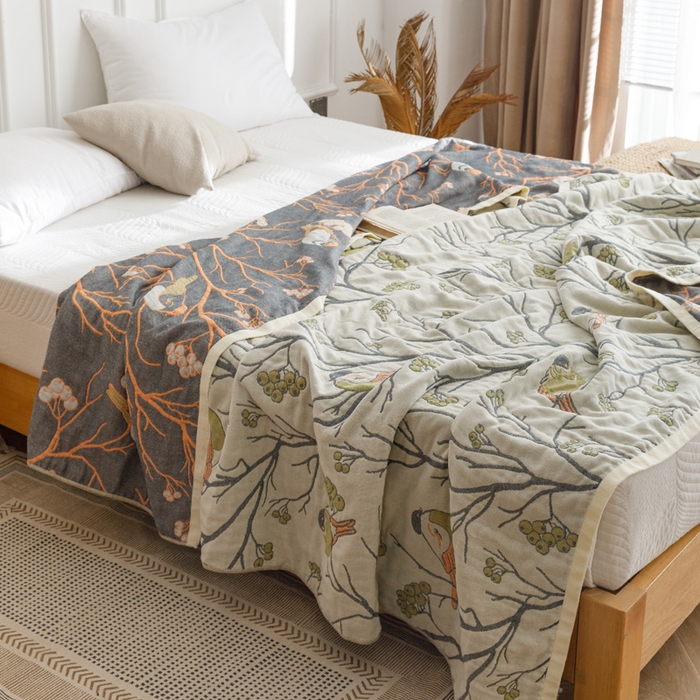 91家纺网 家纺一手货源 找家纺 朴尔家纺-毛巾被 2026春夏新款水洗全棉纯棉四层细纱系列毛巾被下班夏凉被空调被 喜登高枝-绿毛巾被