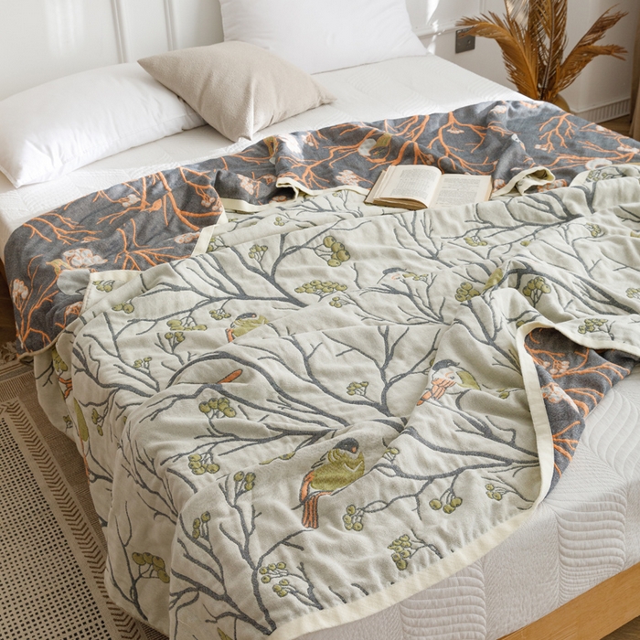 91家纺网 家纺一手货源 找家纺 朴尔家纺-毛巾被 2026春夏新款水洗全棉纯棉四层细纱系列毛巾被下班夏凉被空调被 喜登高枝-绿毛巾被