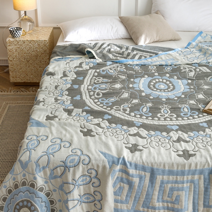 91家纺网 家纺一手货源 找家纺 朴尔家纺-毛巾被 2026春夏新款水洗全棉纯棉四层细纱系列毛巾被下班夏凉被空调被 铃兰香-蓝毛巾被