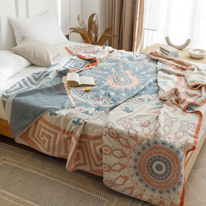 91家纺网 家纺一手货源 找家纺 朴尔家纺-毛巾被 2026春夏新款水洗全棉纯棉四层细纱系列毛巾被下班夏凉被空调被 铃兰香-橘毛巾被