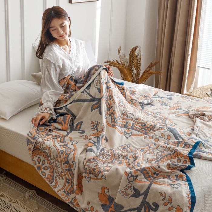 91家纺网 家纺一手货源 找家纺 朴尔家纺-毛巾被 2026春夏新款水洗全棉纯棉四层细纱系列毛巾被下班夏凉被空调被 恋恋花枝-驼毛巾被