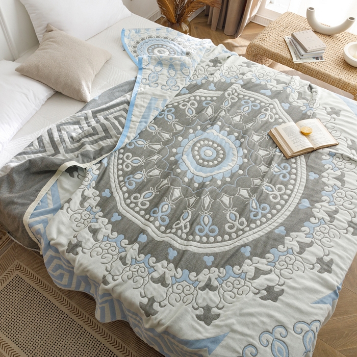 91家纺网 家纺一手货源 找家纺 朴尔家纺-毛巾被 2026春夏新款水洗全棉纯棉四层细纱系列毛巾被下班夏凉被空调被 铃兰香-蓝毛巾被