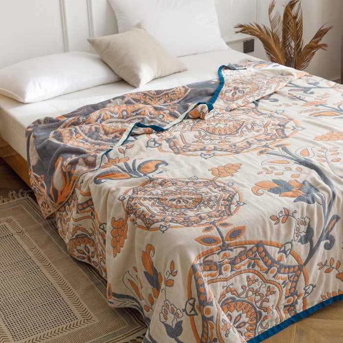 91家纺网 家纺一手货源 找家纺 朴尔家纺-毛巾被 2026春夏新款水洗全棉纯棉四层细纱系列毛巾被下班夏凉被空调被 恋恋花枝-驼毛巾被