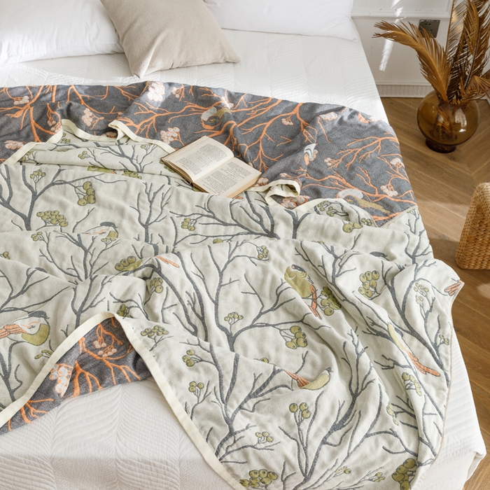 91家纺网 家纺一手货源 找家纺 朴尔家纺-毛巾被 2026春夏新款水洗全棉纯棉四层细纱系列毛巾被下班夏凉被空调被 喜登高枝-绿毛巾被