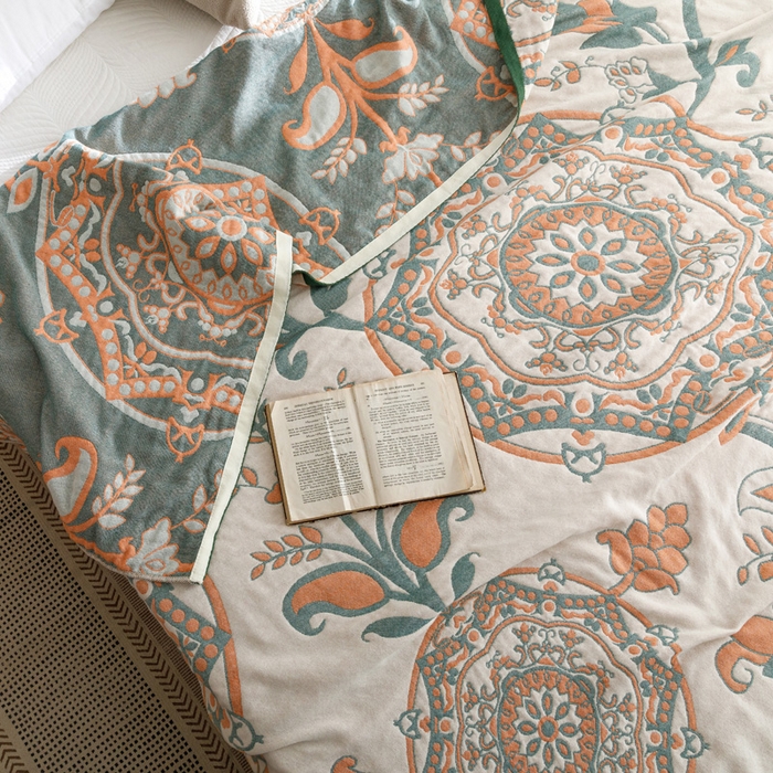 91家纺网 家纺一手货源 找家纺 朴尔家纺-毛巾被 2026春夏新款水洗全棉纯棉四层细纱系列毛巾被下班夏凉被空调被 恋恋花枝-绿毛巾被