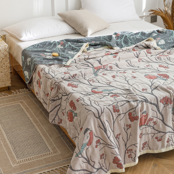 91家纺网 家纺一手货源 找家纺 朴尔家纺-毛巾被 2026春夏新款水洗全棉纯棉四层细纱系列毛巾被下班夏凉被空调被 喜登高枝-红毛巾被