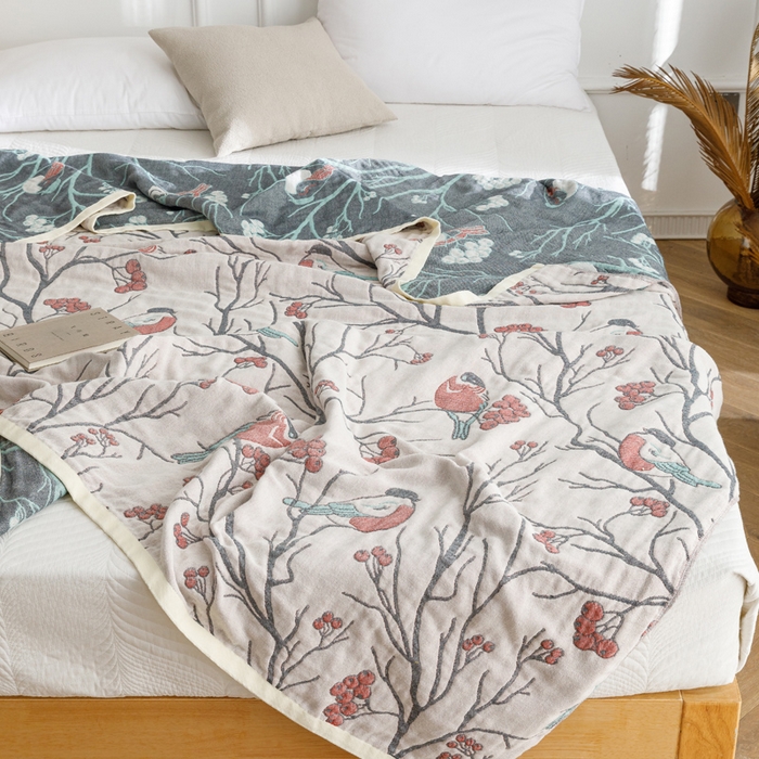 91家纺网 家纺一手货源 找家纺 朴尔家纺-毛巾被 2026春夏新款水洗全棉纯棉四层细纱系列毛巾被下班夏凉被空调被 喜登高枝-红毛巾被