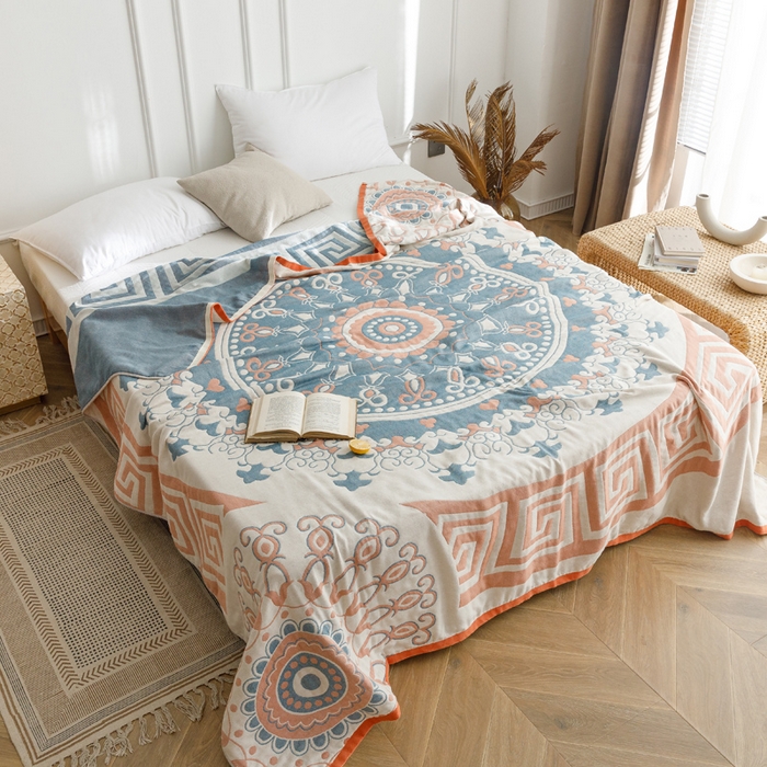 91家纺网 家纺一手货源 找家纺 朴尔家纺-毛巾被 2026春夏新款水洗全棉纯棉四层细纱系列毛巾被下班夏凉被空调被 铃兰香-橘毛巾被