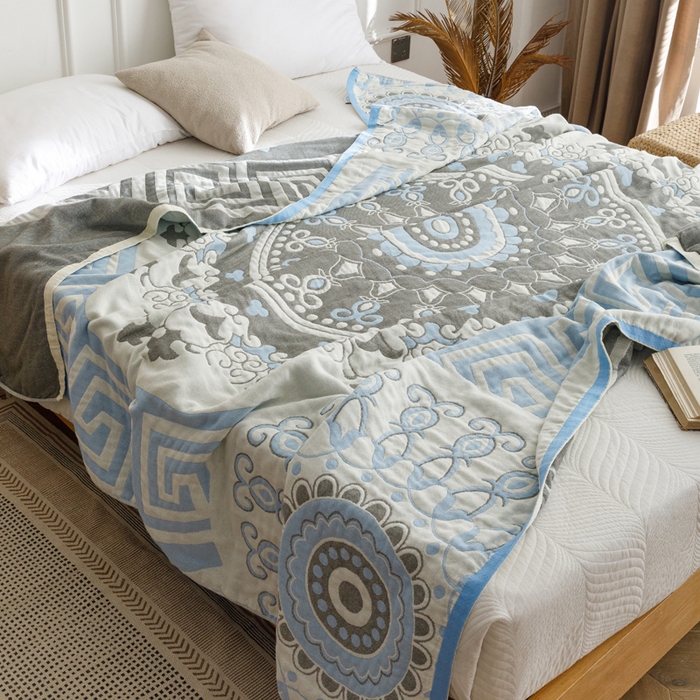 91家纺网 家纺一手货源 找家纺 朴尔家纺-毛巾被 2026春夏新款水洗全棉纯棉四层细纱系列毛巾被下班夏凉被空调被 铃兰香-蓝毛巾被