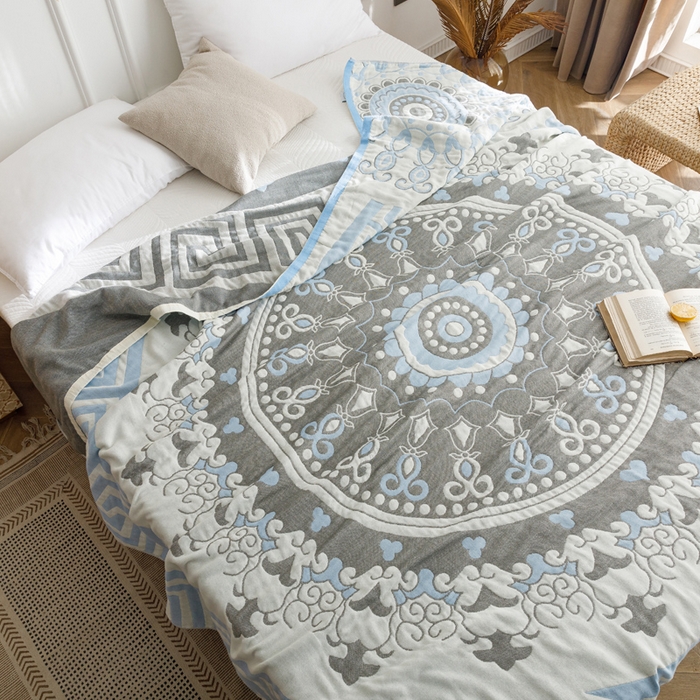 91家纺网 家纺一手货源 找家纺 朴尔家纺-毛巾被 2026春夏新款水洗全棉纯棉四层细纱系列毛巾被下班夏凉被空调被 铃兰香-蓝毛巾被