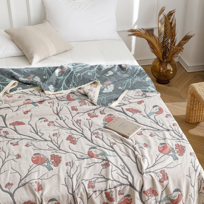 91家纺网 家纺一手货源 找家纺 朴尔家纺-毛巾被 2026春夏新款水洗全棉纯棉四层细纱系列毛巾被下班夏凉被空调被 喜登高枝-红毛巾被