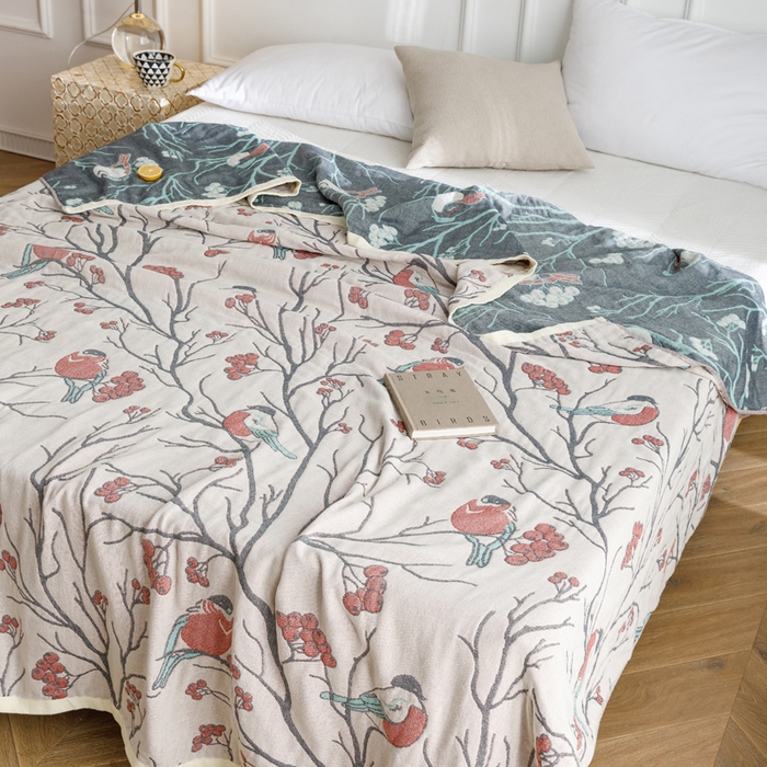 91家纺网 家纺一手货源 找家纺 朴尔家纺-毛巾被 2026春夏新款水洗全棉纯棉四层细纱系列毛巾被下班夏凉被空调被 喜登高枝-红毛巾被