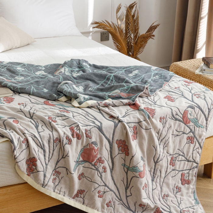 91家纺网 家纺一手货源 找家纺 朴尔家纺-毛巾被 2026春夏新款水洗全棉纯棉四层细纱系列毛巾被下班夏凉被空调被 喜登高枝-红毛巾被