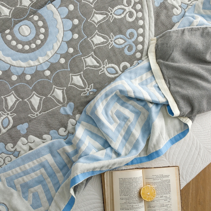 91家纺网 家纺一手货源 找家纺 朴尔家纺-毛巾被 2026春夏新款水洗全棉纯棉四层细纱系列毛巾被下班夏凉被空调被 铃兰香-蓝毛巾被