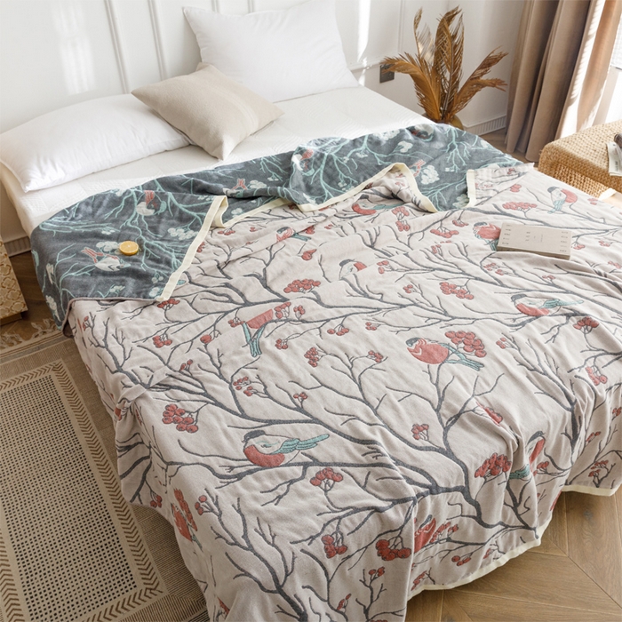 91家纺网 家纺一手货源 找家纺 朴尔家纺-毛巾被 2026春夏新款水洗全棉纯棉四层细纱系列毛巾被下班夏凉被空调被 喜登高枝-红毛巾被