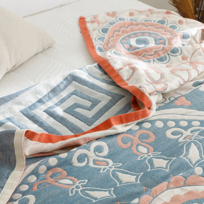 91家纺网 家纺一手货源 找家纺 朴尔家纺-毛巾被 2026春夏新款水洗全棉纯棉四层细纱系列毛巾被下班夏凉被空调被 铃兰香-橘毛巾被