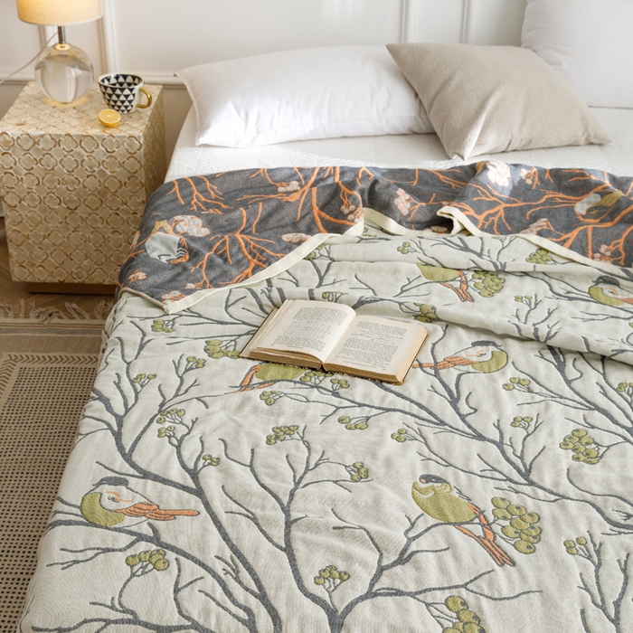 91家纺网 家纺一手货源 找家纺 朴尔家纺-毛巾被 2026春夏新款水洗全棉纯棉四层细纱系列毛巾被下班夏凉被空调被 喜登高枝-绿毛巾被