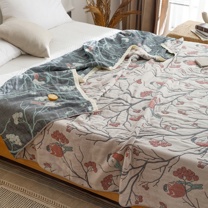 91家纺网 家纺一手货源 找家纺 朴尔家纺-毛巾被 2026春夏新款水洗全棉纯棉四层细纱系列毛巾被下班夏凉被空调被 喜登高枝-红毛巾被