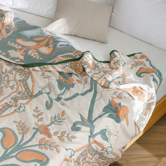 91家纺网 家纺一手货源 找家纺 朴尔家纺-毛巾被 2026春夏新款水洗全棉纯棉四层细纱系列毛巾被下班夏凉被空调被 恋恋花枝-绿毛巾被