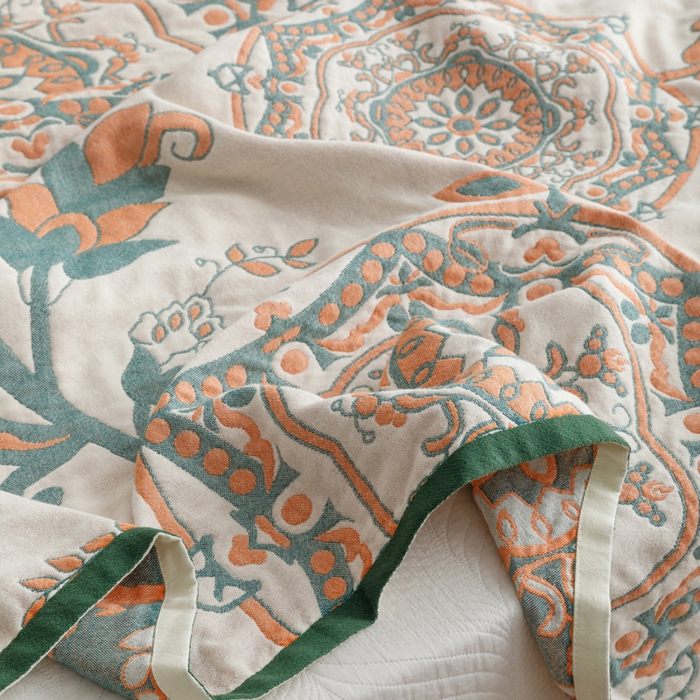 91家纺网 家纺一手货源 找家纺 朴尔家纺-毛巾被 2026春夏新款水洗全棉纯棉四层细纱系列毛巾被下班夏凉被空调被 恋恋花枝-绿毛巾被