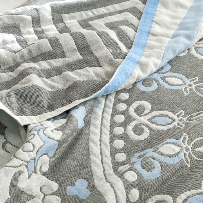 91家纺网 家纺一手货源 找家纺 朴尔家纺-毛巾被 2026春夏新款水洗全棉纯棉四层细纱系列毛巾被下班夏凉被空调被 铃兰香-蓝毛巾被