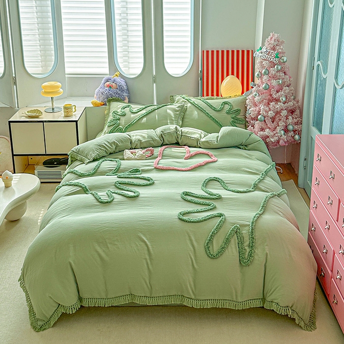 91家纺网 家纺一手货源 找家纺 缘生活 2026新款立体簇绒绣流苏四件套 大爱爱心手-抹茶绿