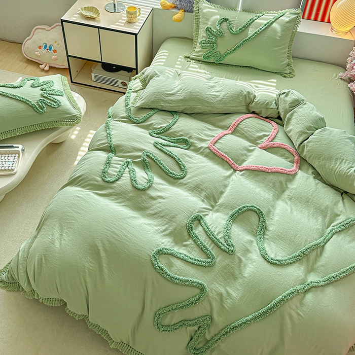 91家纺网 家纺一手货源 找家纺 缘生活 2026新款立体簇绒绣流苏四件套 大爱爱心手-抹茶绿