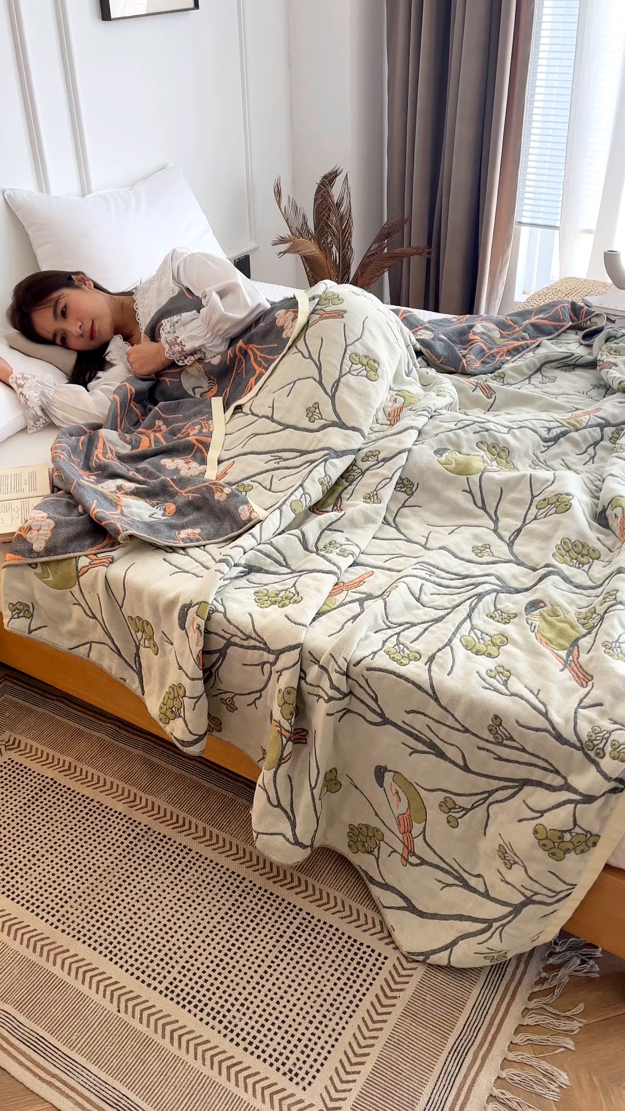 91家纺网 家纺一手货源 找家纺 朴尔家纺-毛巾被 2026春夏新款水洗全棉纯棉四层细纱系列毛巾被下班夏凉被空调被 喜登高枝-绿毛巾被