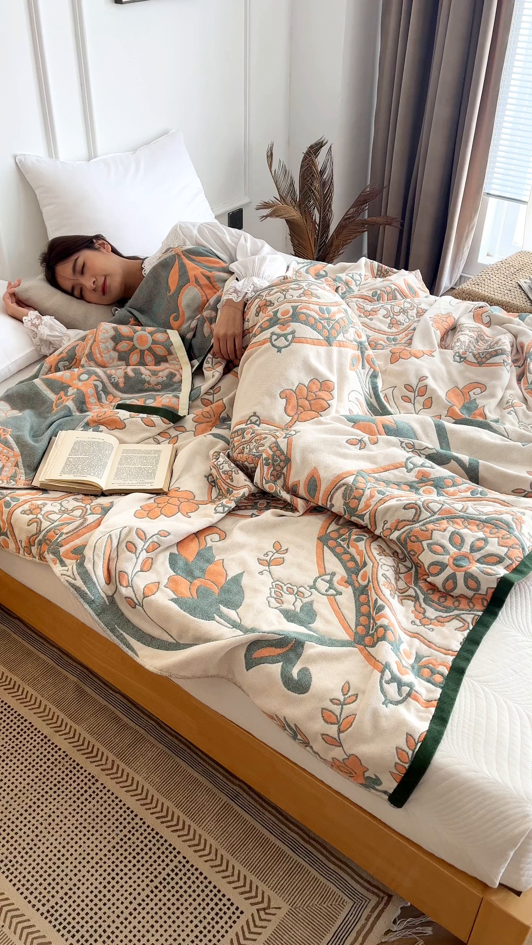 91家纺网 家纺一手货源 找家纺 朴尔家纺-毛巾被 2026春夏新款水洗全棉纯棉四层细纱系列毛巾被下班夏凉被空调被 恋恋花枝-绿毛巾被