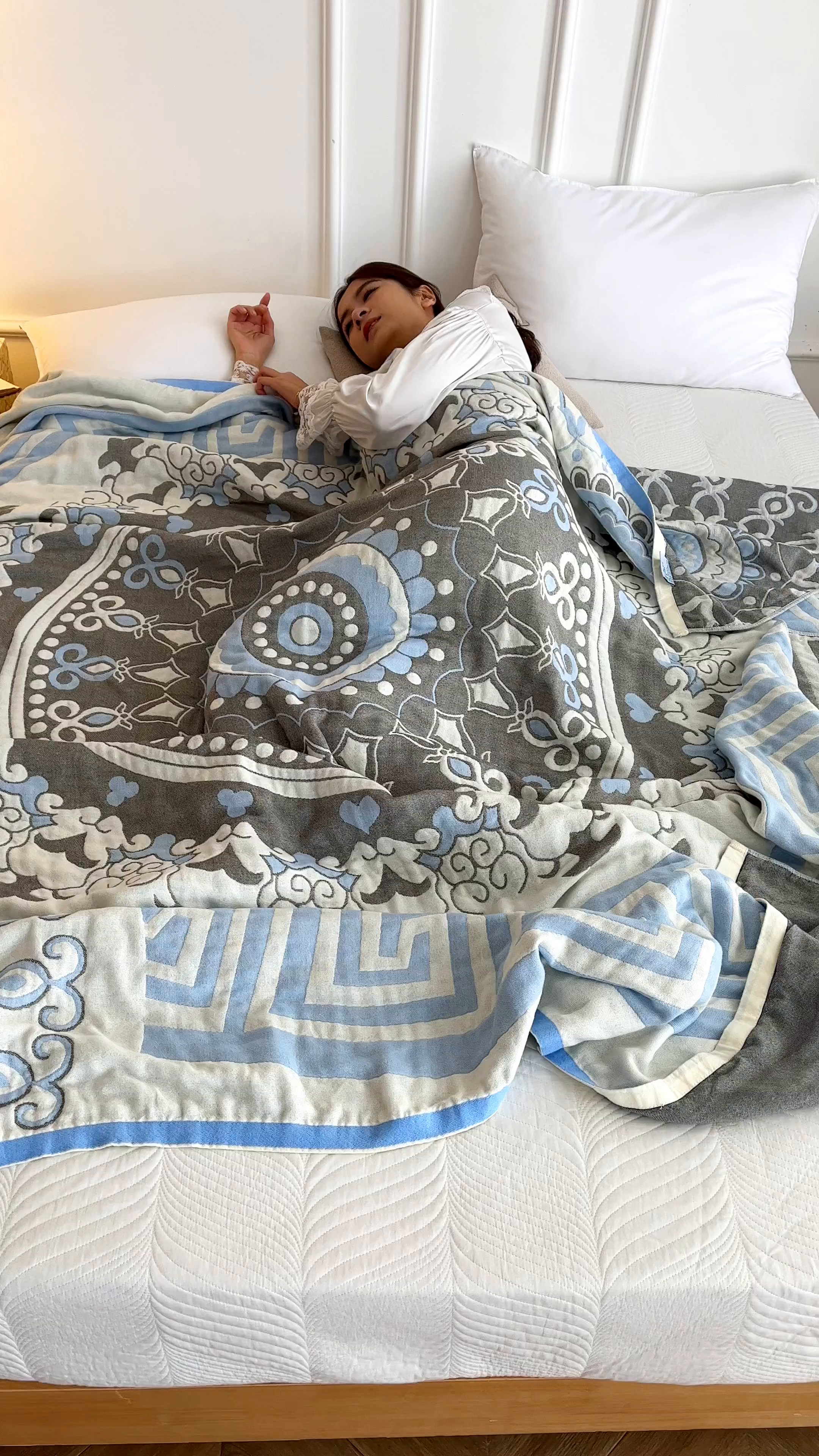 91家纺网 家纺一手货源 找家纺 朴尔家纺-毛巾被 2026春夏新款水洗全棉纯棉四层细纱系列毛巾被下班夏凉被空调被 铃兰香-蓝毛巾被