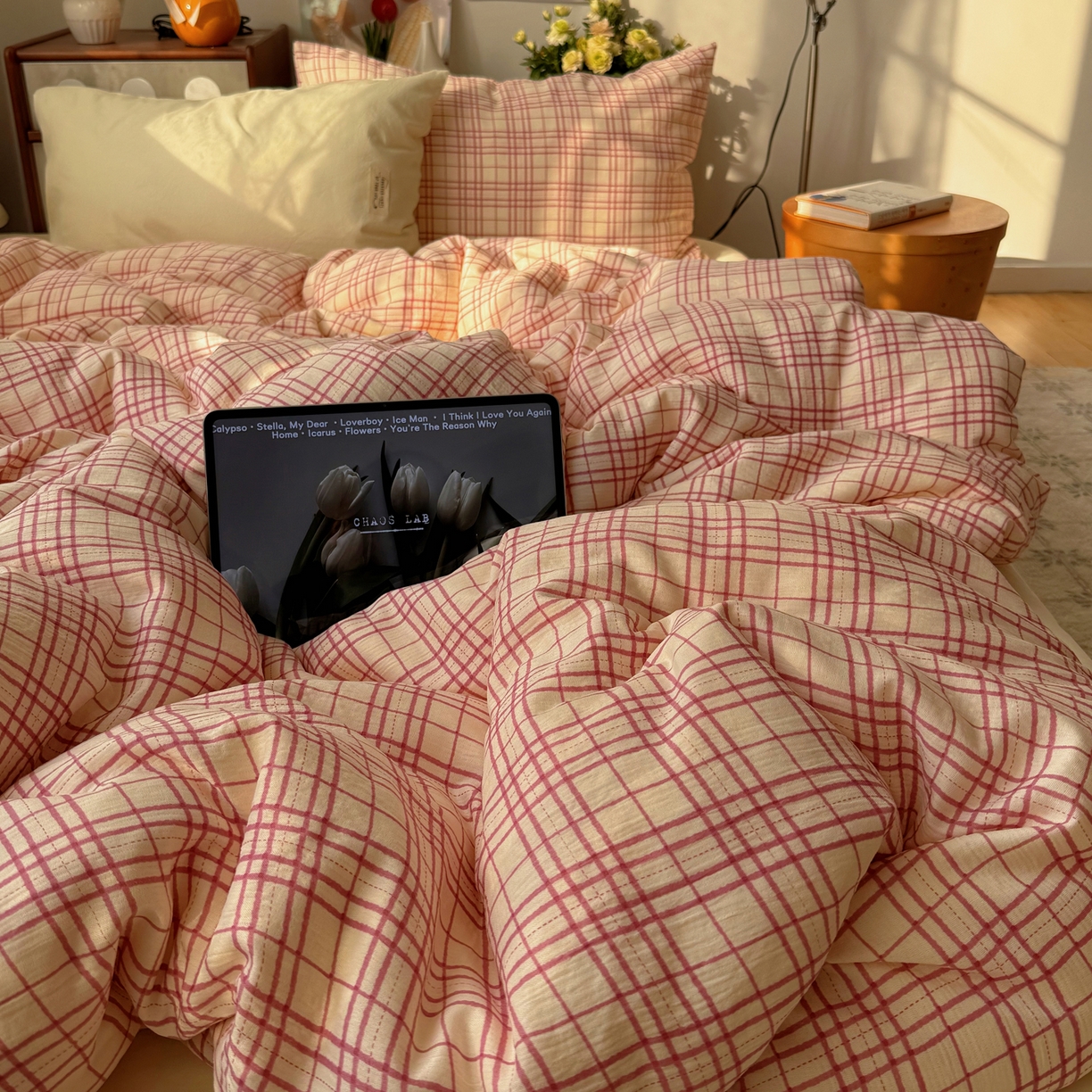 91家纺网 家纺一手货源 找家纺 轻奢坊 2026新款皱皱纱水洗棉韩系混搭四件套 格蕾粉