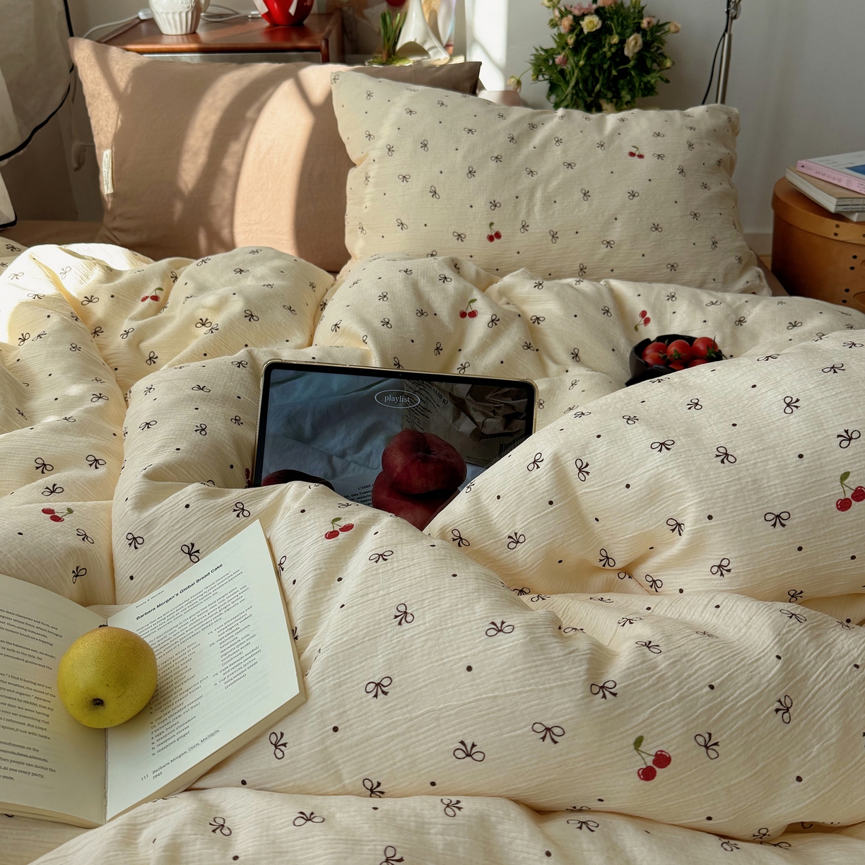 91家纺网 家纺一手货源 找家纺 轻奢坊 2026新款皱皱纱水洗棉韩系混搭四件套 樱桃结