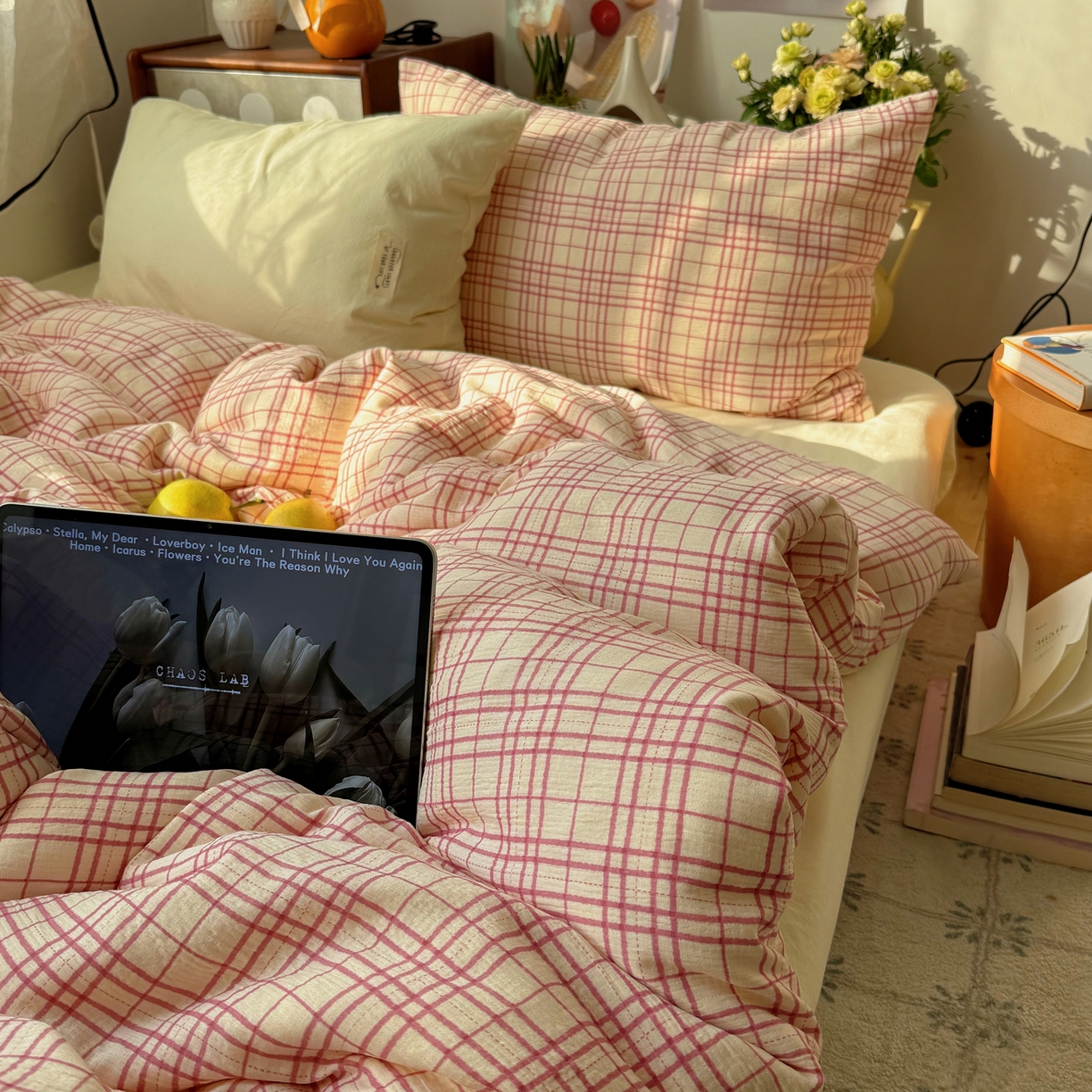 91家纺网 家纺一手货源 找家纺 轻奢坊 2026新款皱皱纱水洗棉韩系混搭四件套 格蕾粉