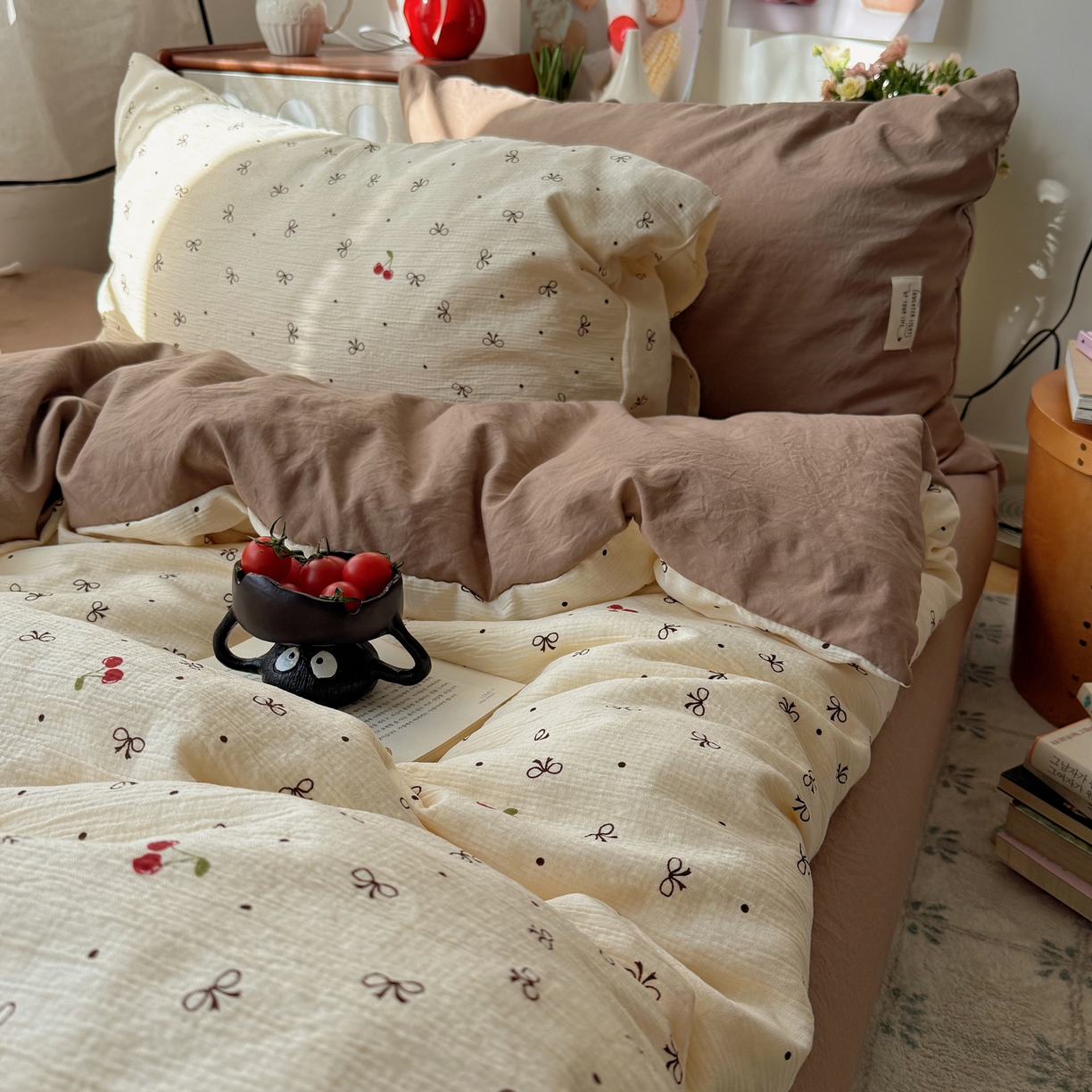 91家纺网 家纺一手货源 找家纺 轻奢坊 2026新款皱皱纱水洗棉韩系混搭四件套 樱桃结