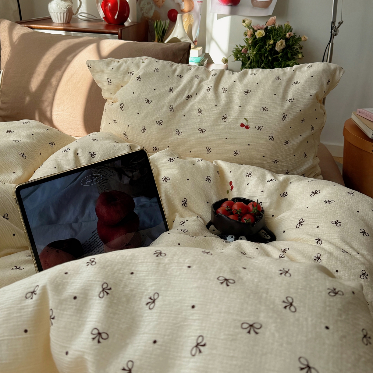 91家纺网 家纺一手货源 找家纺 轻奢坊 2026新款皱皱纱水洗棉韩系混搭四件套 樱桃结