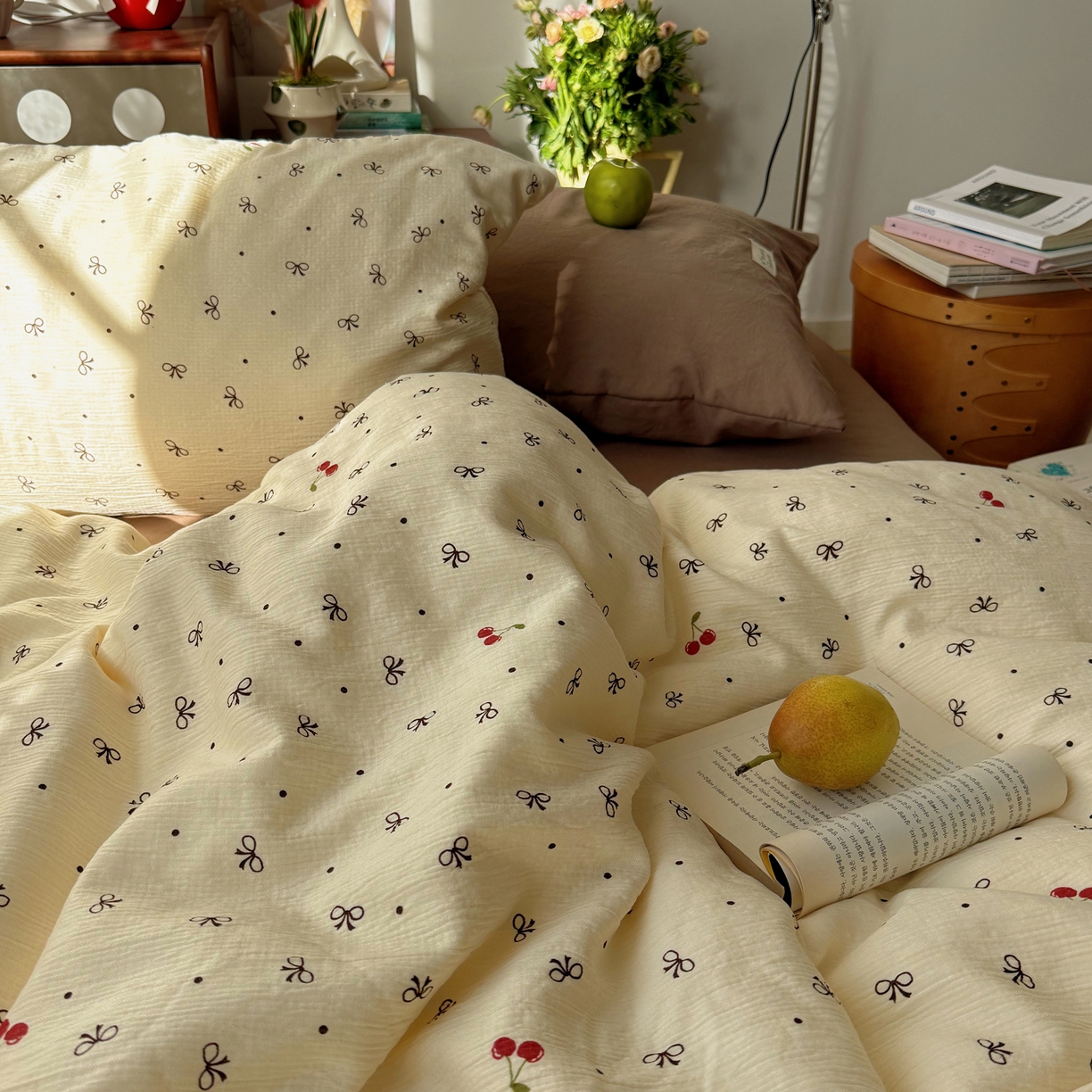 91家纺网 家纺一手货源 找家纺 轻奢坊 2026新款皱皱纱水洗棉韩系混搭四件套 樱桃结