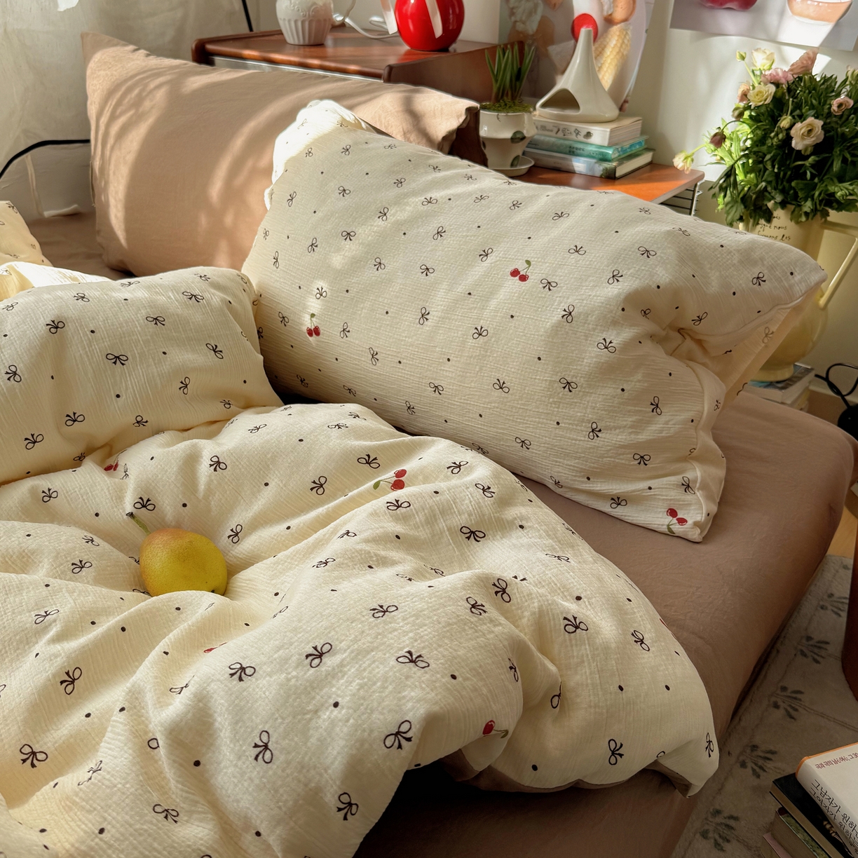 91家纺网 家纺一手货源 找家纺 轻奢坊 2026新款皱皱纱水洗棉韩系混搭四件套 樱桃结